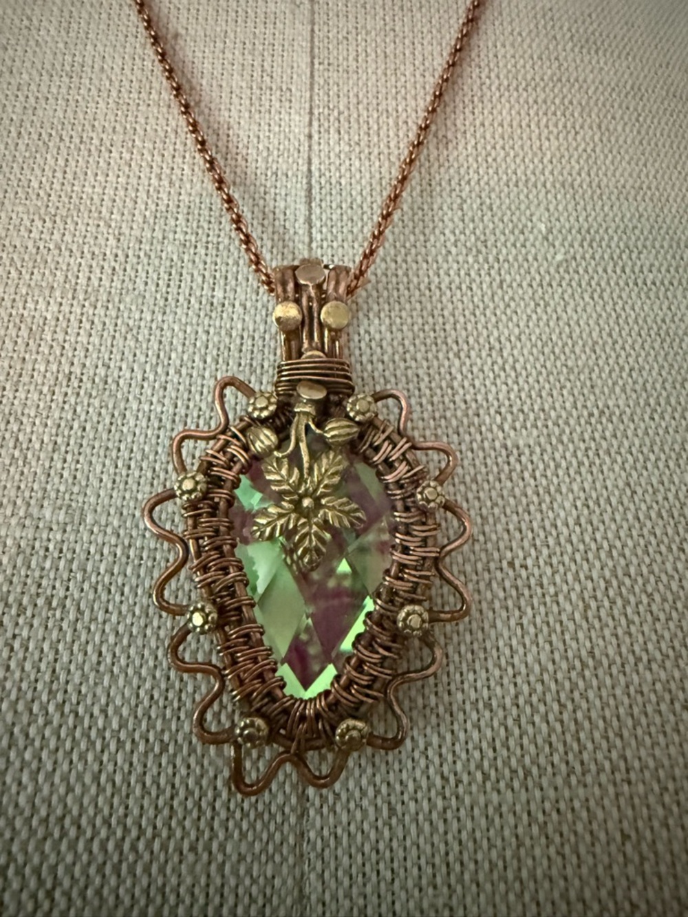 Handcrafted Copper Wire Wrapped Pendant with Color Changing Crystal